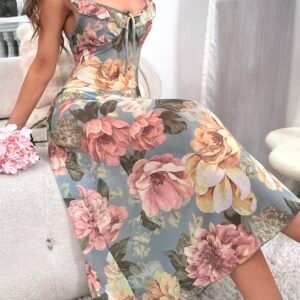 فستان نوم طويل بطبعة زهرية مع عقدة أمامية