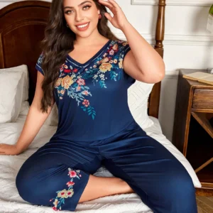 بيجامة كاجوال بأكمام خفاش وياقة على شكل حرف V مطبوعة بطراز قديم، مقاسات كبيرة للنساء