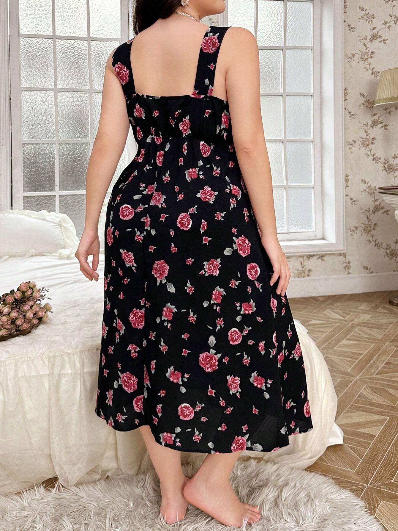 فستان نوم نسائي كبير الحجم مزين بالفيونكة والورود، تفاصيل مريحة وأنيقة - الصورة 3