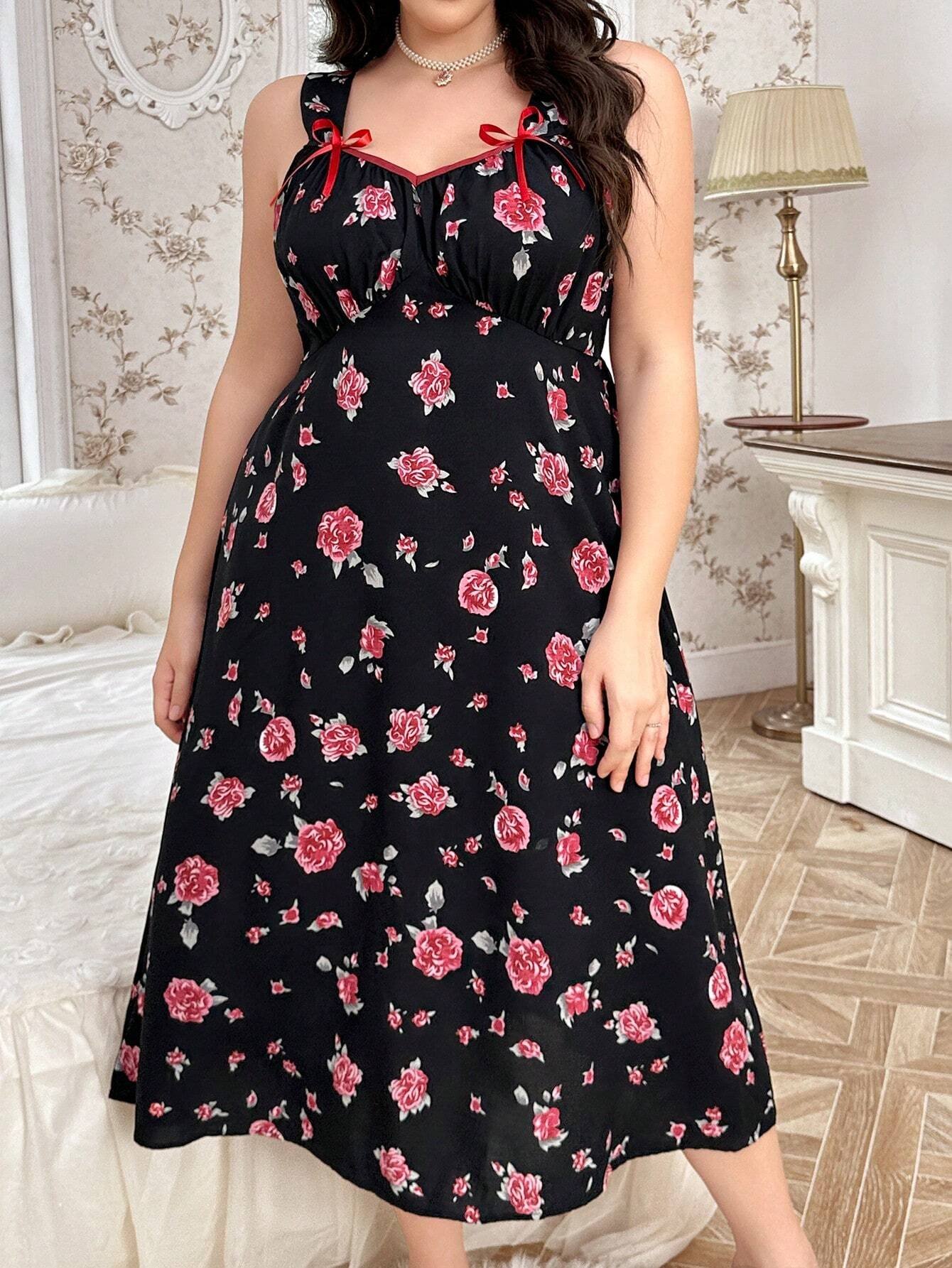 فستان نوم نسائي كبير الحجم مزين بالفيونكة والورود، تفاصيل مريحة وأنيقة - الصورة 4